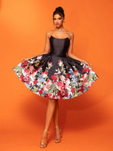 Smilprince Floral Print Empire Waist Puffy Tube Top Elegant High Society Banquet Dress